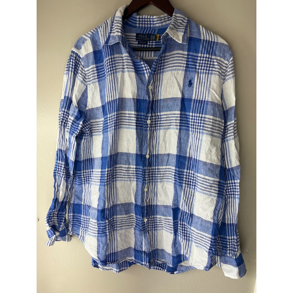 Polo Ralph Lauren Linen Plaid Button Down Shirt Blue White XXL Classic Fit
